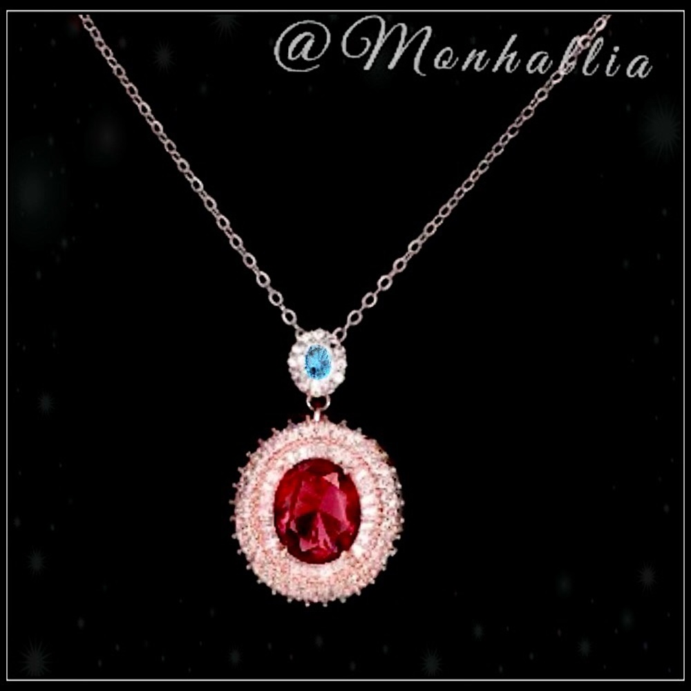New Blue Sapphire & Ruby Pave Baguette Rose Gold Pendant Necklace